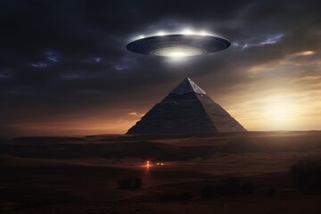 Extraterrestrial Ship Amidst Egypt's Pyramids: Concept for Mysterious Ancient Structures, Daylight UFO Sightings, and Celestial Civilizations.Generative AI