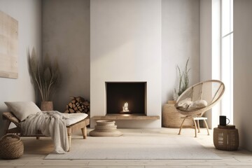 mock up of an empty wall in a Scandinavian room with a fireplace. Interior decor that is minimal. Generative AI