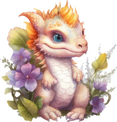 Watercolor illustration baby dino in flowers