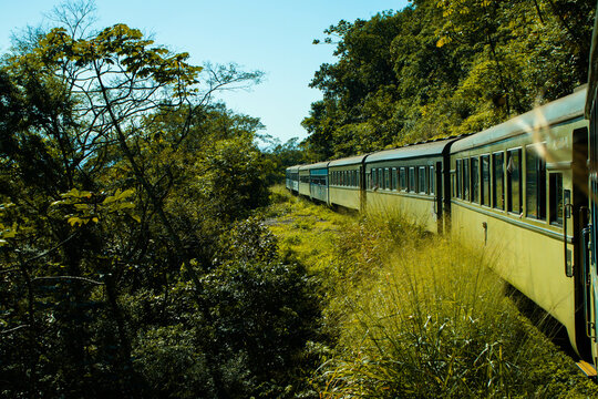 Trem de turismo atravessando a cidade de curitiba e morretes no Paran&aacute;. 
