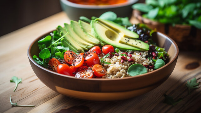 Healthy Vegan Salad Bowl with Quinoa and Avocado