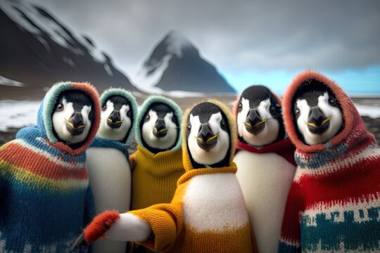 Group of penguins in winter clothes standing in a row on the beach