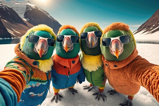 Group of three parrots in sunglasses taking a selfie on the snow