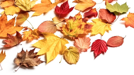 Fototapeta premium Fallen autumn leaves on a white background, generative AI.