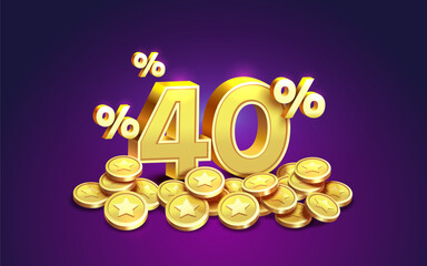 Cashback 40 Percentage golden coins, financial save off. Vector illustration