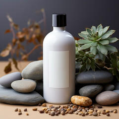 Shampoo and shower gel white bottle mockup, stones background, mockup for design