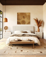 Rustic, boho interior design of modern bedroom in farmhouse. Created with generative AI