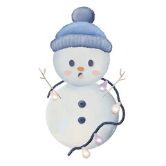 Watercolor snowman and snowwoman hand drawn drawing illustration cute character for christmas, holiday greeting character