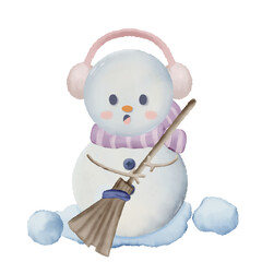 Watercolor snowman and snowwoman hand drawn drawing illustration cute character for christmas, holiday greeting character