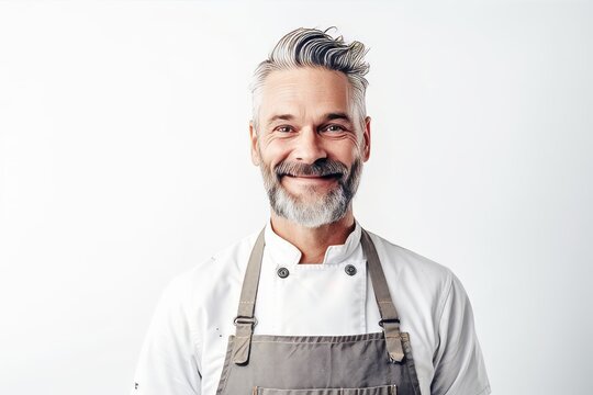 Portrait Of Smiling Senior Man In Apron Standing Against White Background