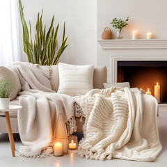 Beige sofa with knitted plaid and cushion against of fireplace. Hygge, scandinavian interior design of modern living room. Created with generative AI - obrazy, fototapety, plakaty