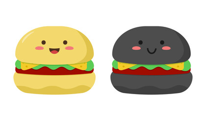 Classic and black hamburger in kawaii style. Isolated on white background.