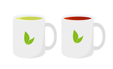 White mugs with green and black tea. Isolated on white background.