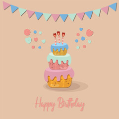Birthday cake card. Happy birthday.Cute cartoon cake