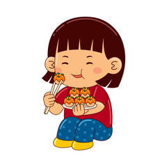 girl kids eating takoyaki vector illustration