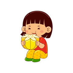 girl kids eating star fruit vector illustration