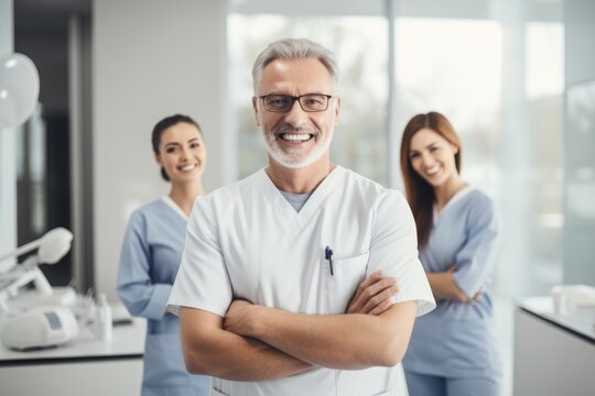 Caucasian man dentist smiling while standing in dental clinic, AI Generative