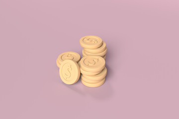 Set of golden coin in different shape on pink background. 3d illustration.