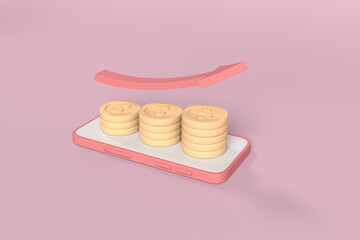 concept of financial management , golden coin on a pink smart phone. 3d illustration.