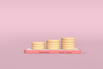 golden coin on smartphone and pink blackgound , .3d illustration