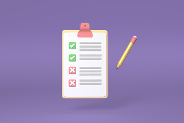 White clipboard with checklist on purple background.3dillustration.