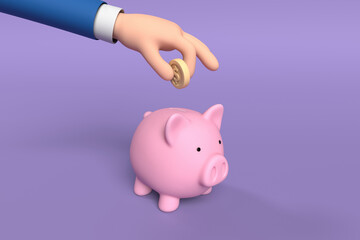 hand put the coin in a pink piggy bank on purple blackground..3d illustration