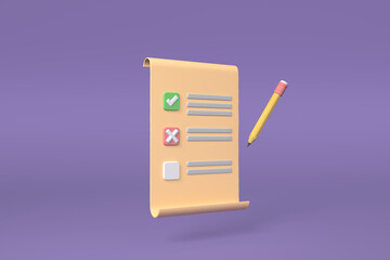 3D clipboard and pencil on purple background.3d illustration..