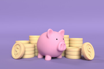 Pink piggy bank and gold coins on purple background for money saving and deposit concept , creative ideas by 3D rendering technique.