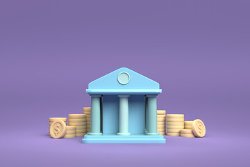 Blue Bank building. golden coin , bank service. 3d vector icon. Cartoon style.