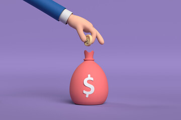 hand puts a coin in a piggy bank. The concept of saving money