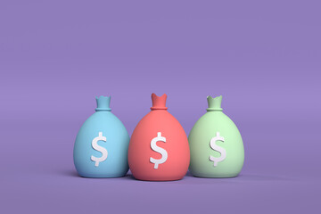  money saving concept. Difference money bags on purple blackground. 3d illustration
