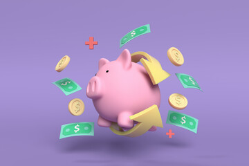 Money Piggy bank creative business concept. Realistic 3d design Pink pig keeps gold coins. Safe finance investment. Financial services on purple blackgound.3d illustration.