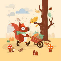 Obraz na płótnie Canvas Squirrel with wheelbarrow in the fall