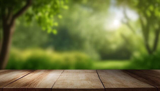 Wooden table on green nature background, Desk of free space for product display