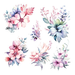 Fototapeta na wymiar Soft Pastel Watercolor Florals: Fairy Arrangements on Transparent Background for Digital Art