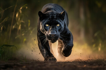 Stunning wild black jaguar walking towards camera. Beautiful panther. Amazing wildlife. Generative Ai - obrazy, fototapety, plakaty