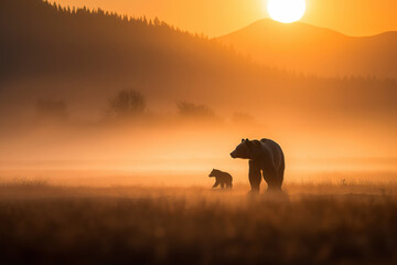 Endearing image of a Grizzly Bear with her cub in the alpine meadow at sunset. Amazing Wildlife. Generative Ai