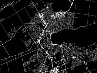 Vector road map of the city of  Barrie Ontario in Canada with white roads on a black background.
