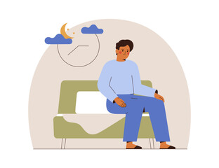 Young man suffers from insomnia. Worried teen boy sits on the bed at night and couldn't to sleep. Sleeplessness as a sign for psychological problem or depression. Vector illustration
