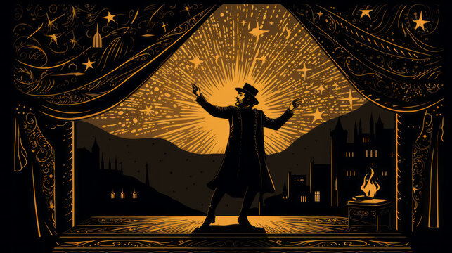 Magician Actor Theater Stage, Curtains, Stars, Vintage Woodcut, Illustrative, Generative AI
