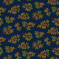 Osmanthus flowers, fragrant olive tree branches in bloom, floral seamless pattern on blue background. Hand drawn vector illustration. Flat style design. Mid Autumn Festival print, packaging, paper