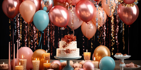 Geburtstagstorte mit vielen rosa und blauen Luftballons und Kerzen auf dem Tisch dekoriert, ai generativ - obrazy, fototapety, plakaty