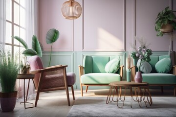 Living room with a modern antique aesthetic. Armchair with light green cushion. Generative AI