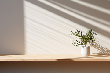 Table shadow background. Wooden table and white empty wall with plant shadows