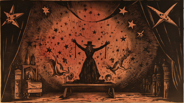 Magician Actor Theater Stage, Curtains, Stars, Vintage Woodcut, Illustrative, Generative AI