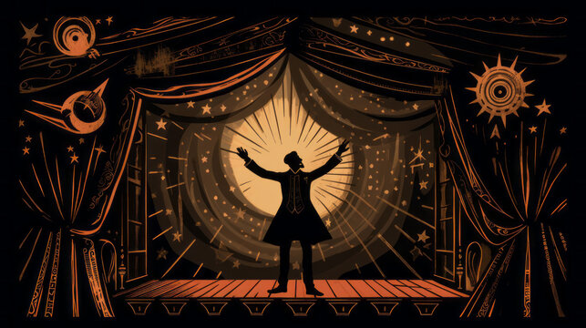 Magician Actor Theater Stage, Curtains, Stars, Vintage Woodcut, Illustrative, Generative AI