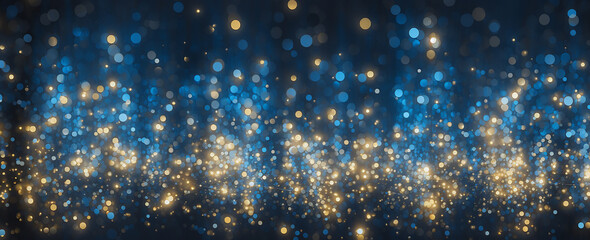 Gold glitter bokeh background, holiday illumination and decoration concept, christmas bokeh golden lights over blue background, blue and gold glitter light bokeh