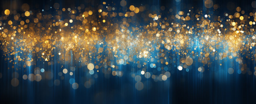 Gold glitter bokeh background, holiday illumination and decoration concept, christmas bokeh golden lights over blue background, blue and gold glitter light bokeh