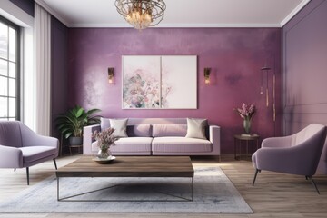 Living room hallway lounge with a vibrant accent wall made of stucco. Sofa and seats in bright lavender color. Design of a luxurious interior room mockup. Generative AI