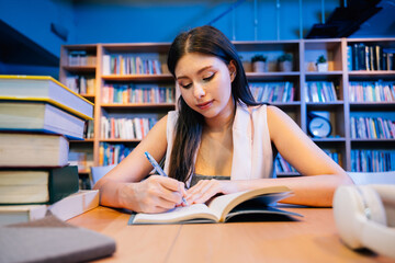 Young woman reading books and working in library for education